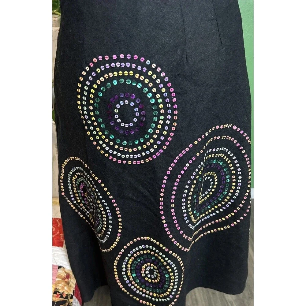 Vtg Y2K Sequin Midi Black Skirt Size 8 Grunge Fairy Whimsy Rainbow seqins